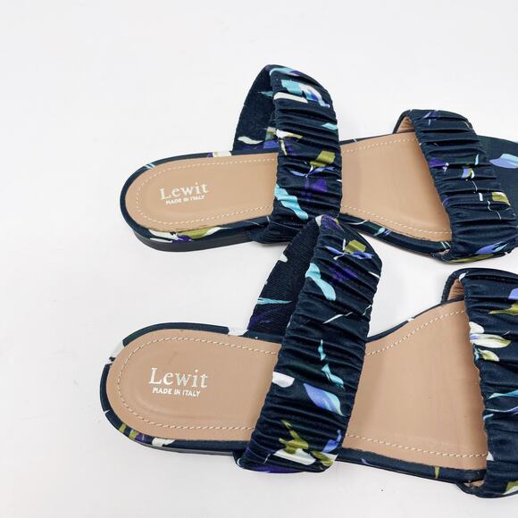 Lewit Size 36.5 Navy Blue Elena Floral Square Toe Sandals Satin Slide Ruched 6.5 - Picture 7 of 13